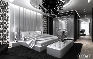 wnetrze luksusowe projekt aranzacja bialo czarne black white sypialnia