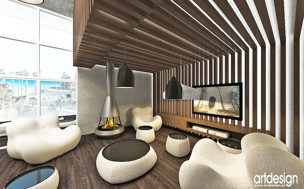 projekt wnętrza nowoczesnego domu - salon z kominkiem wolno stojącym