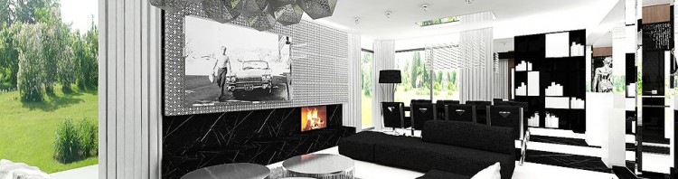salon kominek wnętrza luksusowe czarno białe